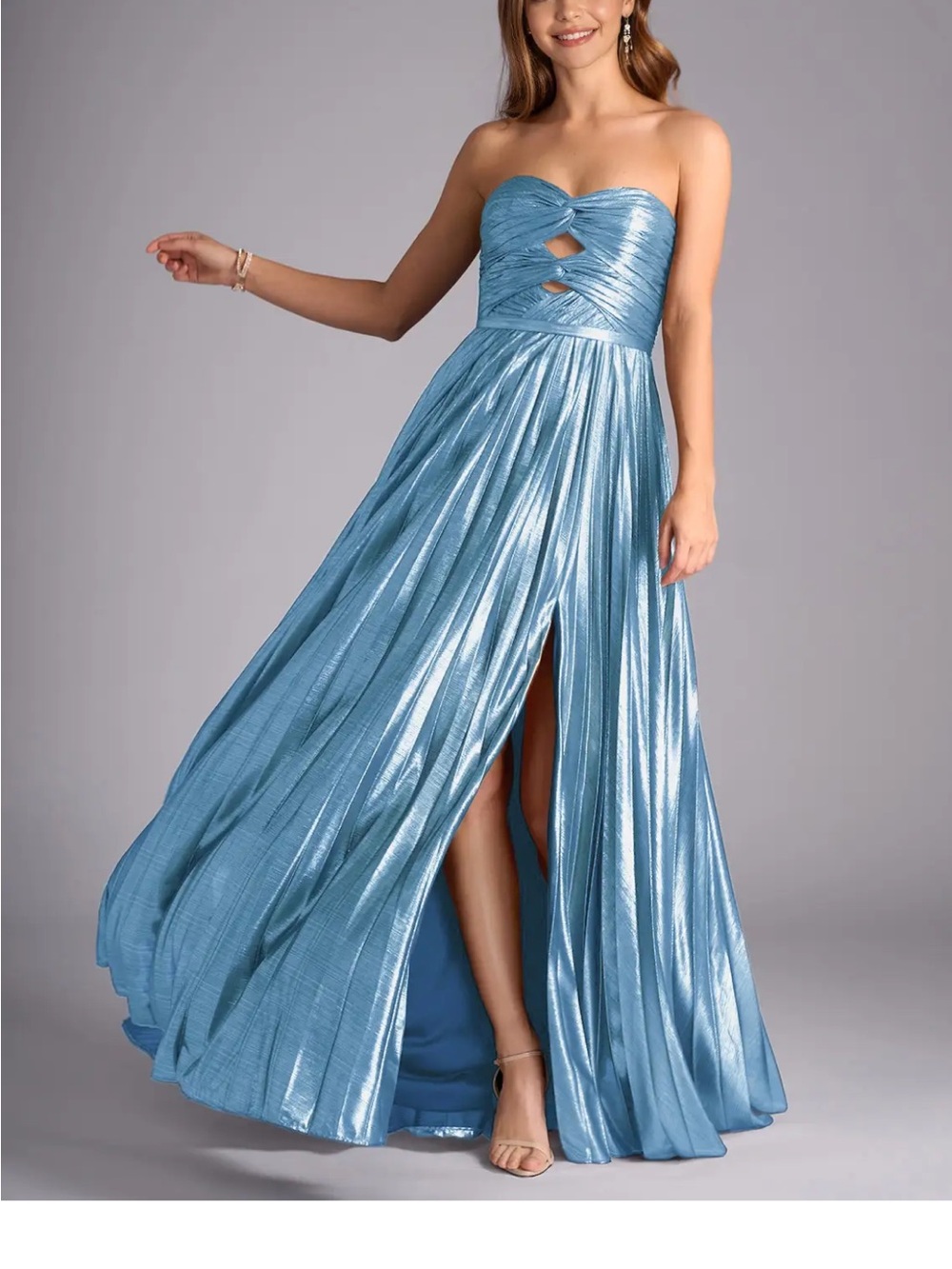 Azazie Metallic Light Blue Strapless Evening Gown
